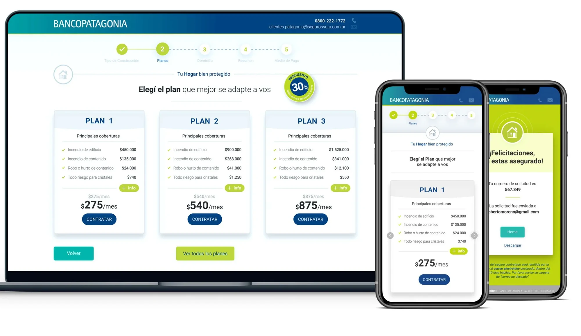 Plan comparison alongside the mobile confirmation screen: you are insured, with a request number