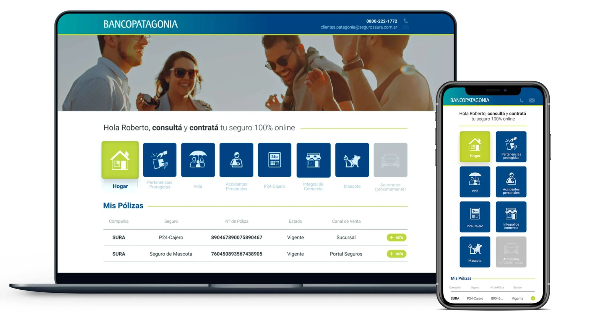 The Banco Patagonia insurance portal home shown on a laptop and a phone