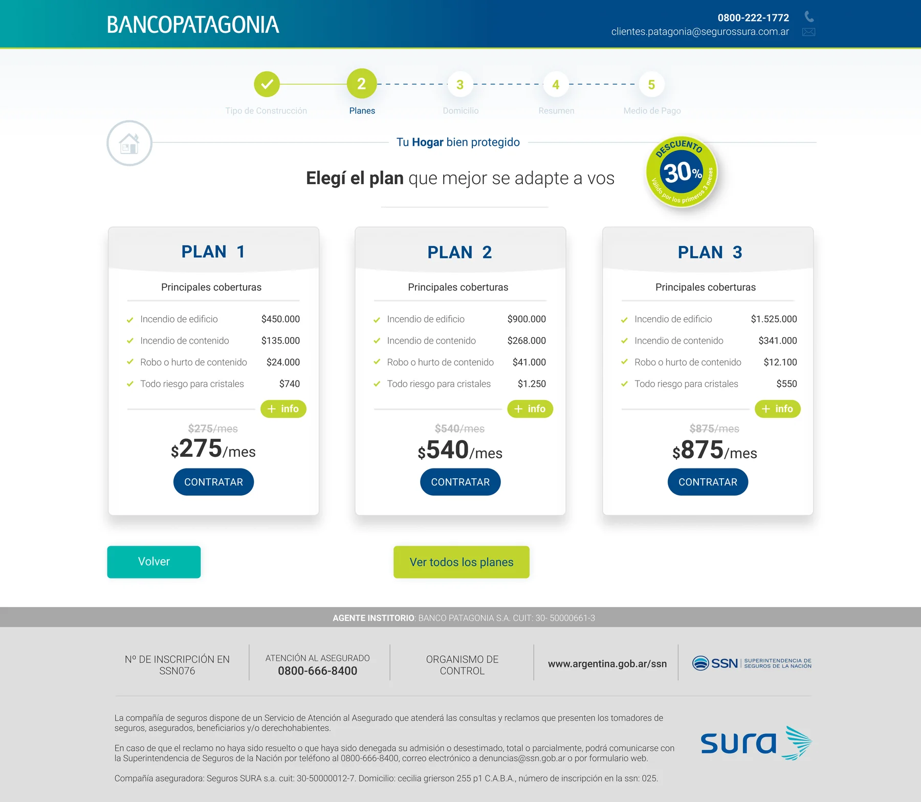 Plan selection step with the five-step progress bar and three side-by-side home-insurance plans