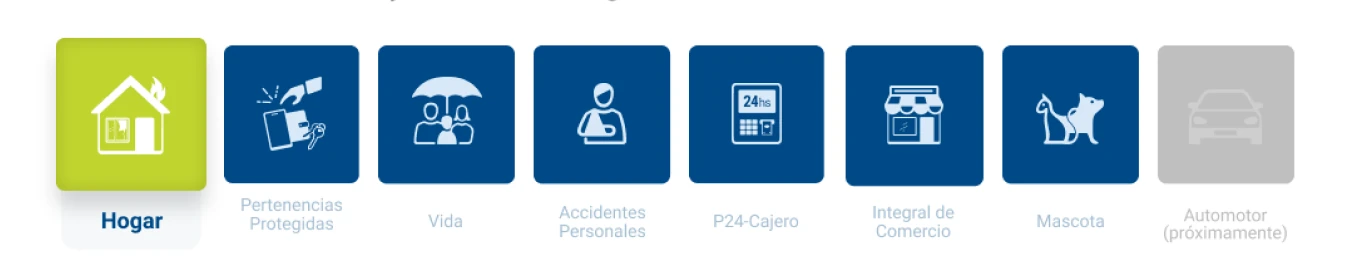 Row of simple product icons: home, belongings, life, personal accident, ATM, business, pet and auto