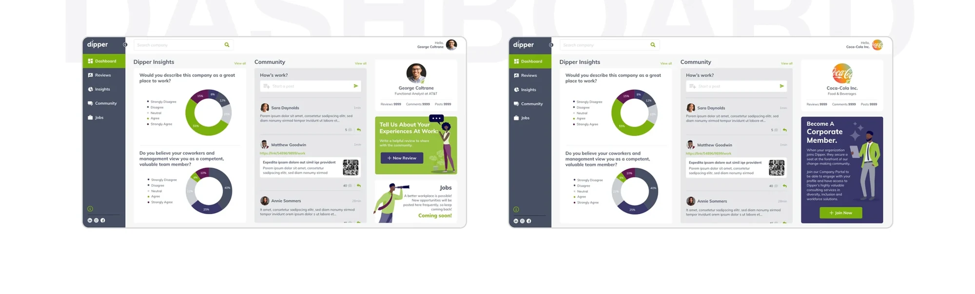 Dipper insights dashboard for a member and for a company member