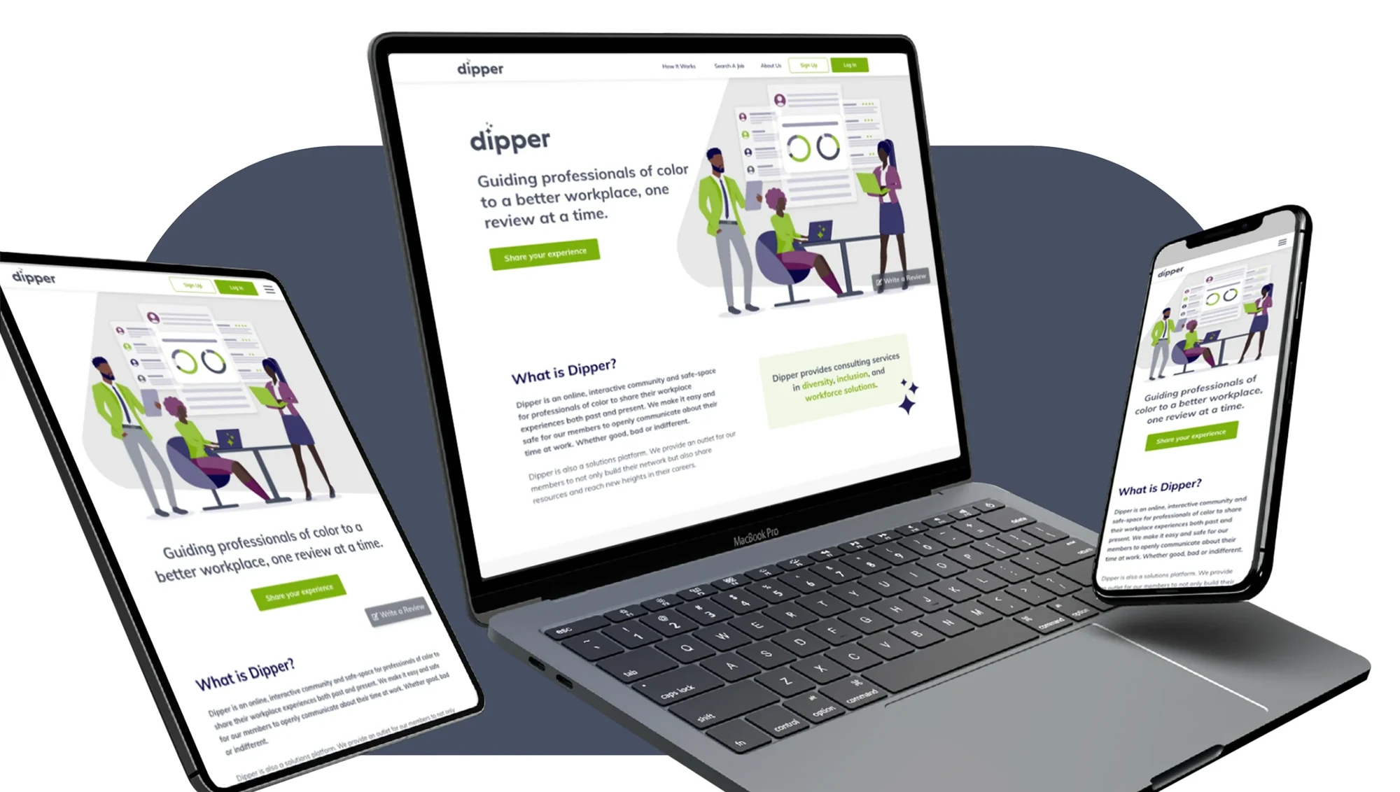 The Dipper landing page shown on a laptop, tablet and phone