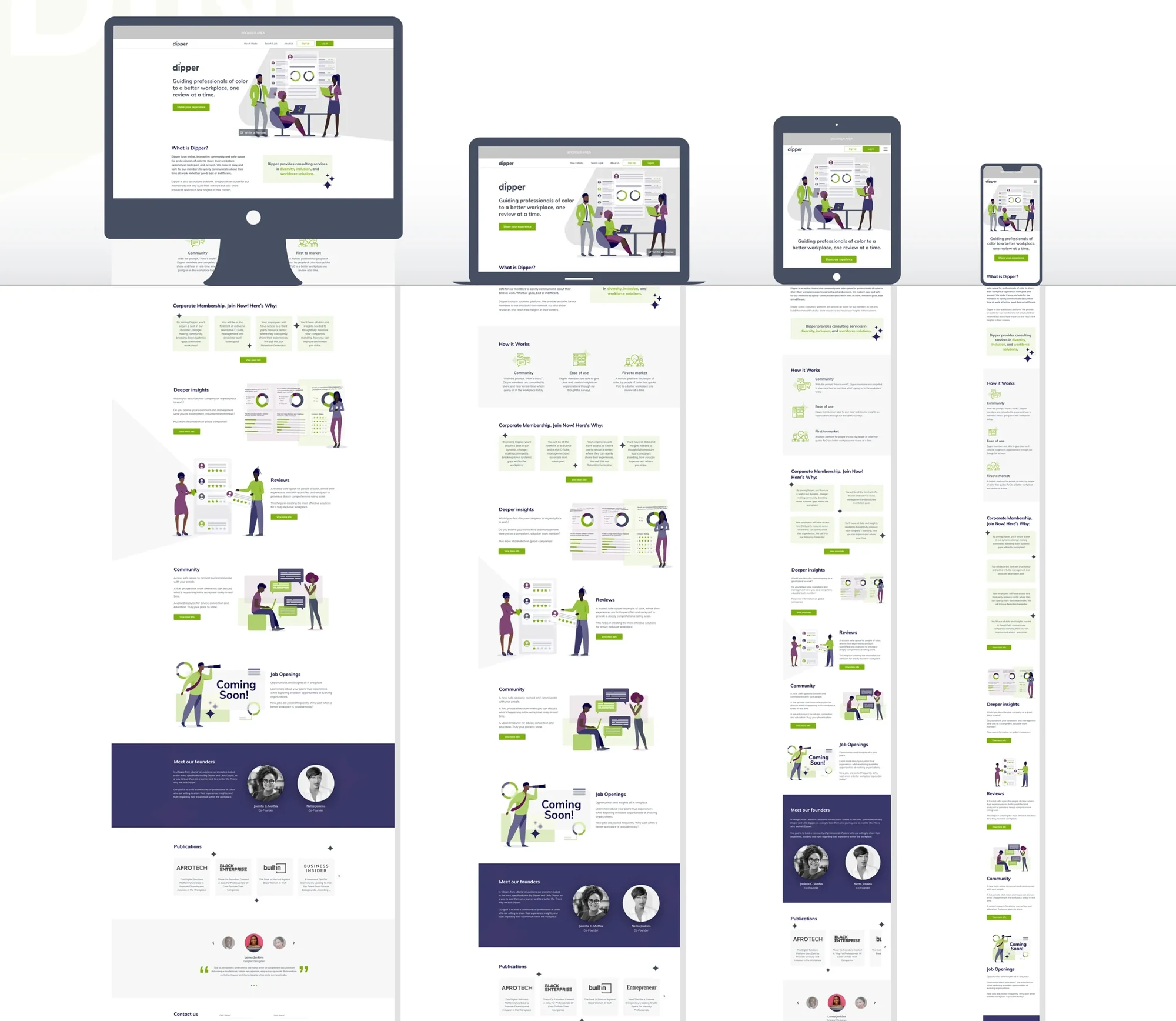 The Dipper landing page across desktop, laptop, tablet and phone breakpoints