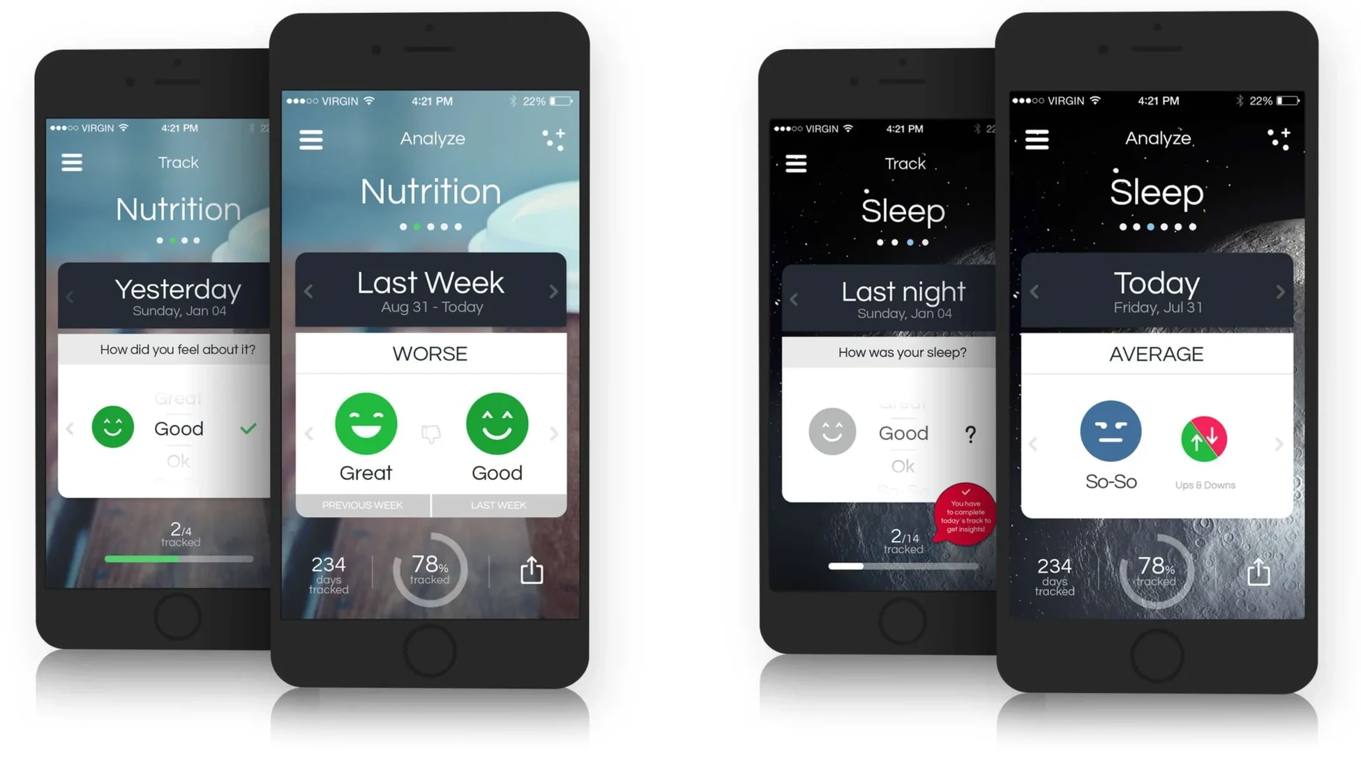 Track and Analyze screens side by side for Nutrition and Sleep, showing how logging feeds results